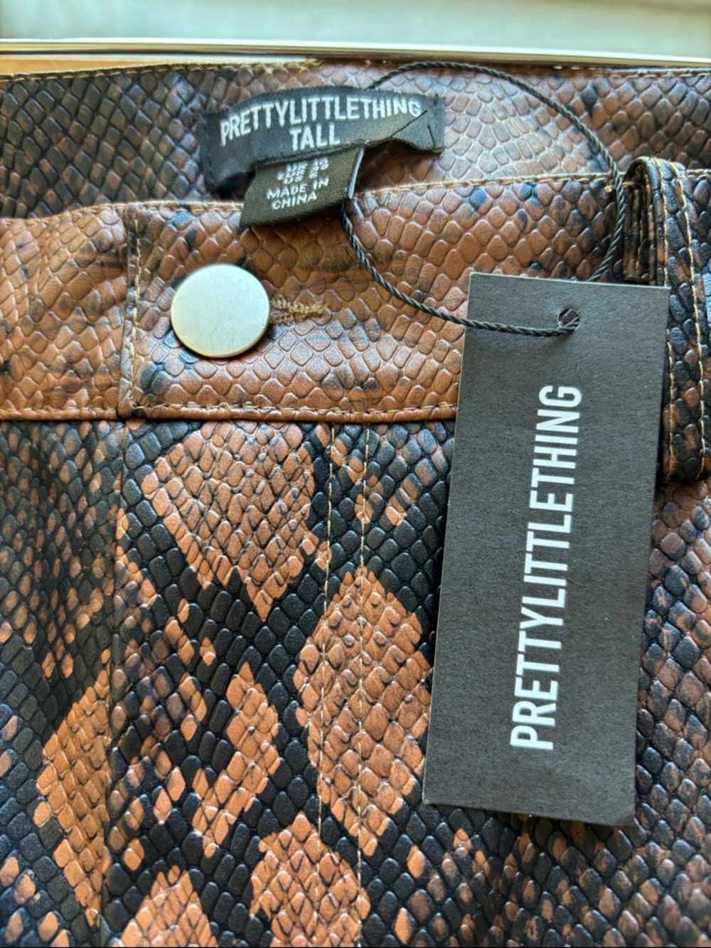 PrettyLittleThing Brown Snake Print Faux Leather Wide- Leg Trousers- NWT - Picture 5 of 5